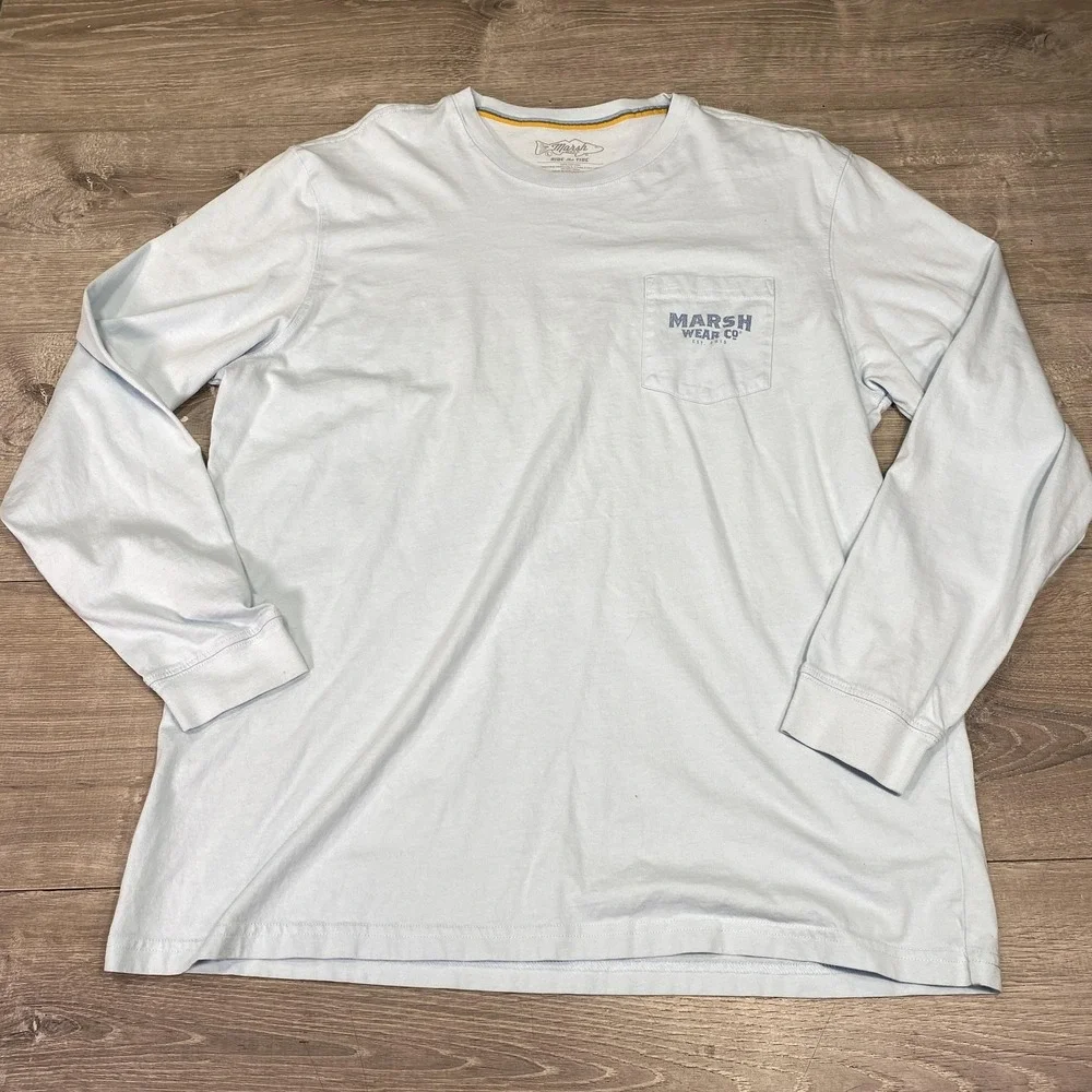 Marsh Wear Shirt Mens Large Blue Duck Graphic Long Sleeve Pocket Cotton Casual - Picture 2 of 10